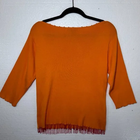 Anthropologie Womens Sz XL Orange Pink Beaded Fringe Top Y2K Vintage 3/4 Sleeve - Picture 3 of 11